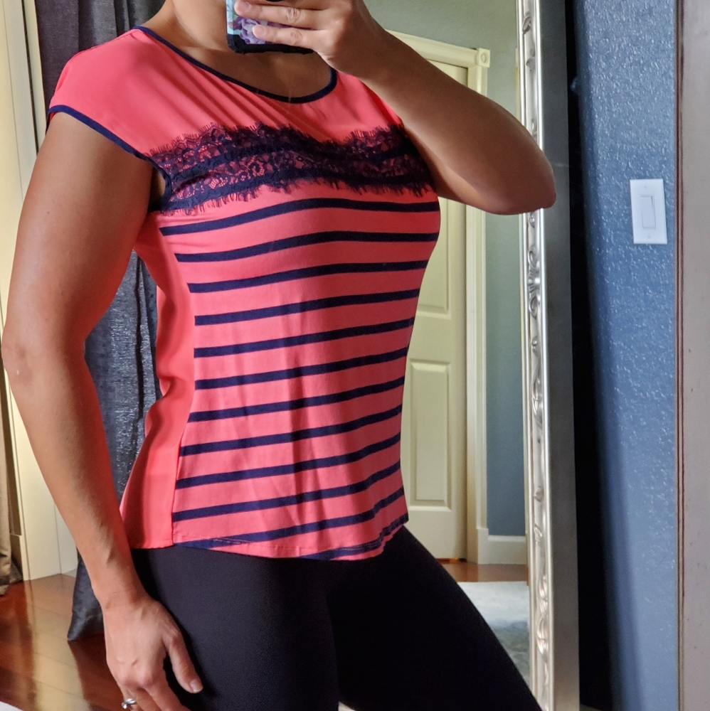 Coral and navy striped blouse